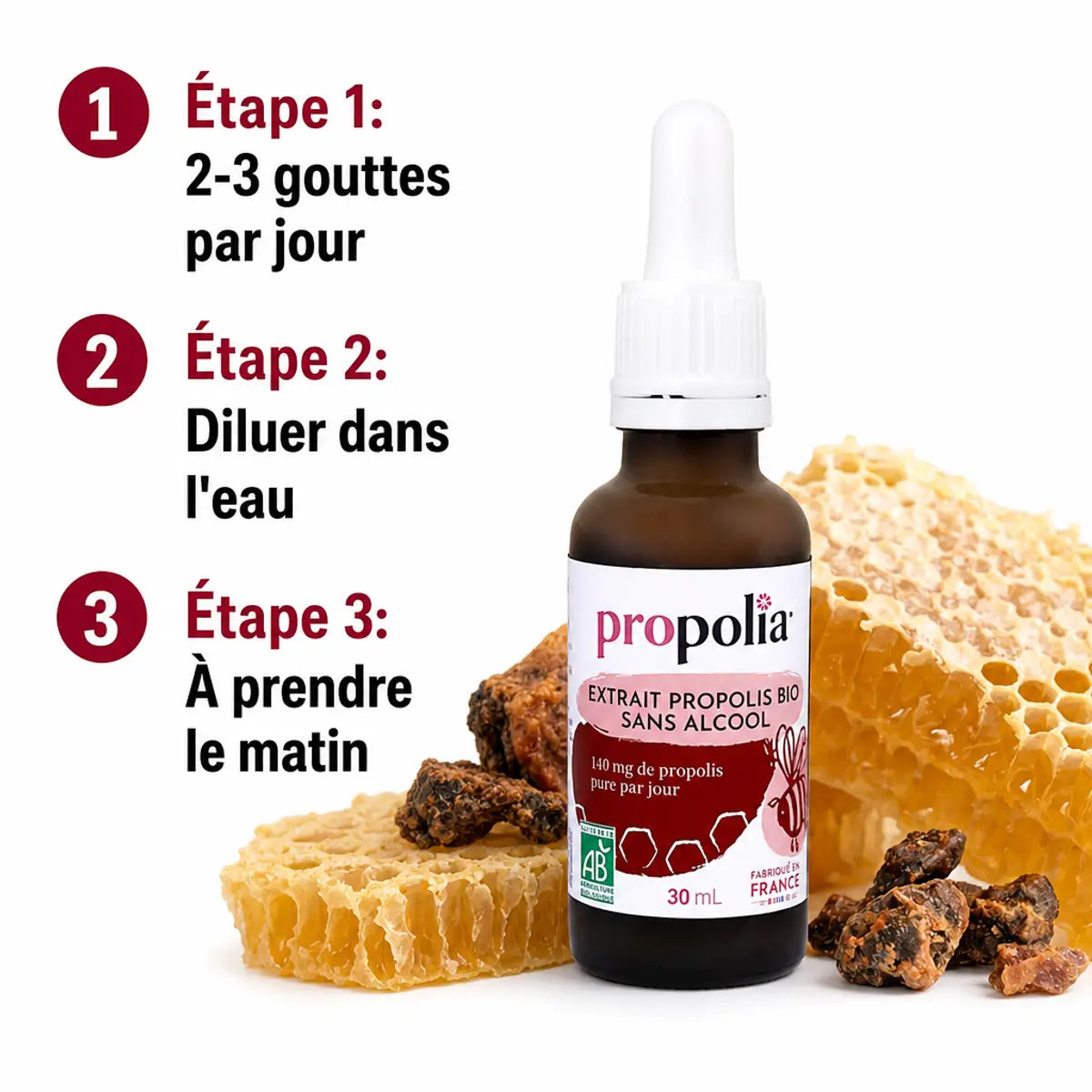 Extrait propolis brune bio Propolia 30ml avec mode d'emploi : 2-3 gouttes diluées dans l'eau le matin