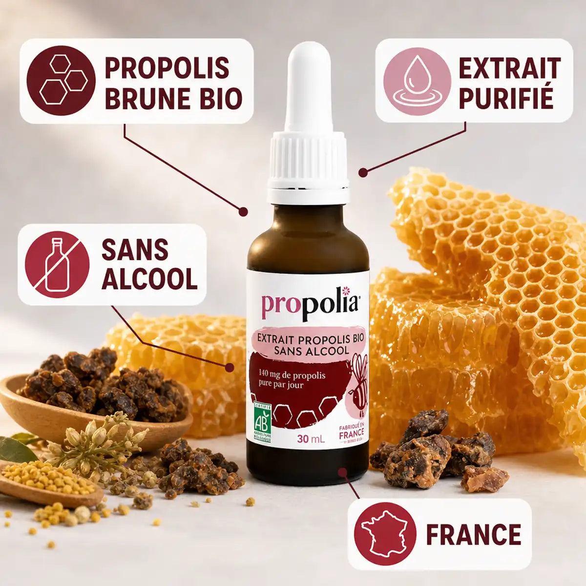 Extrait de propolis brune bio sans alcool Propolia avec ingrédients naturels et miel