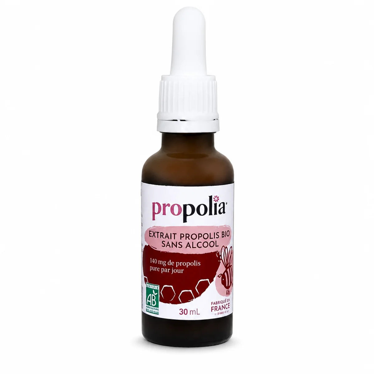Extrait de propolis brune bio sans alcool Propolia 30ml avec pipette, fond blanc