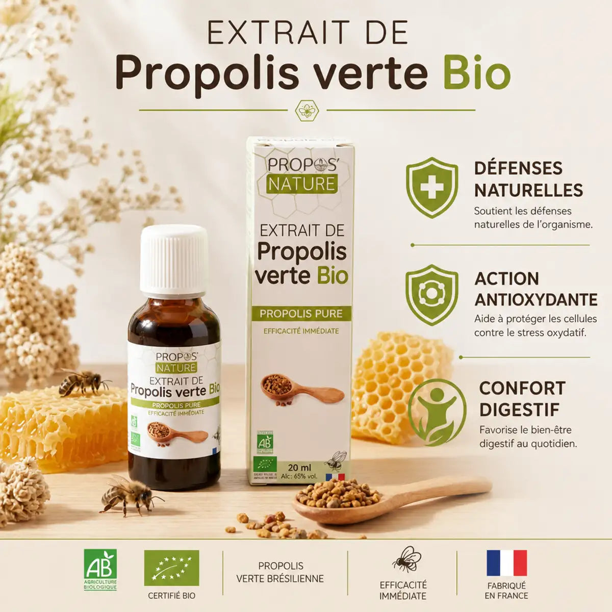 Propolis verte BIO Hydroalcoolique Propos'Nature - Défenses naturelles, antioxydant, confort digestif