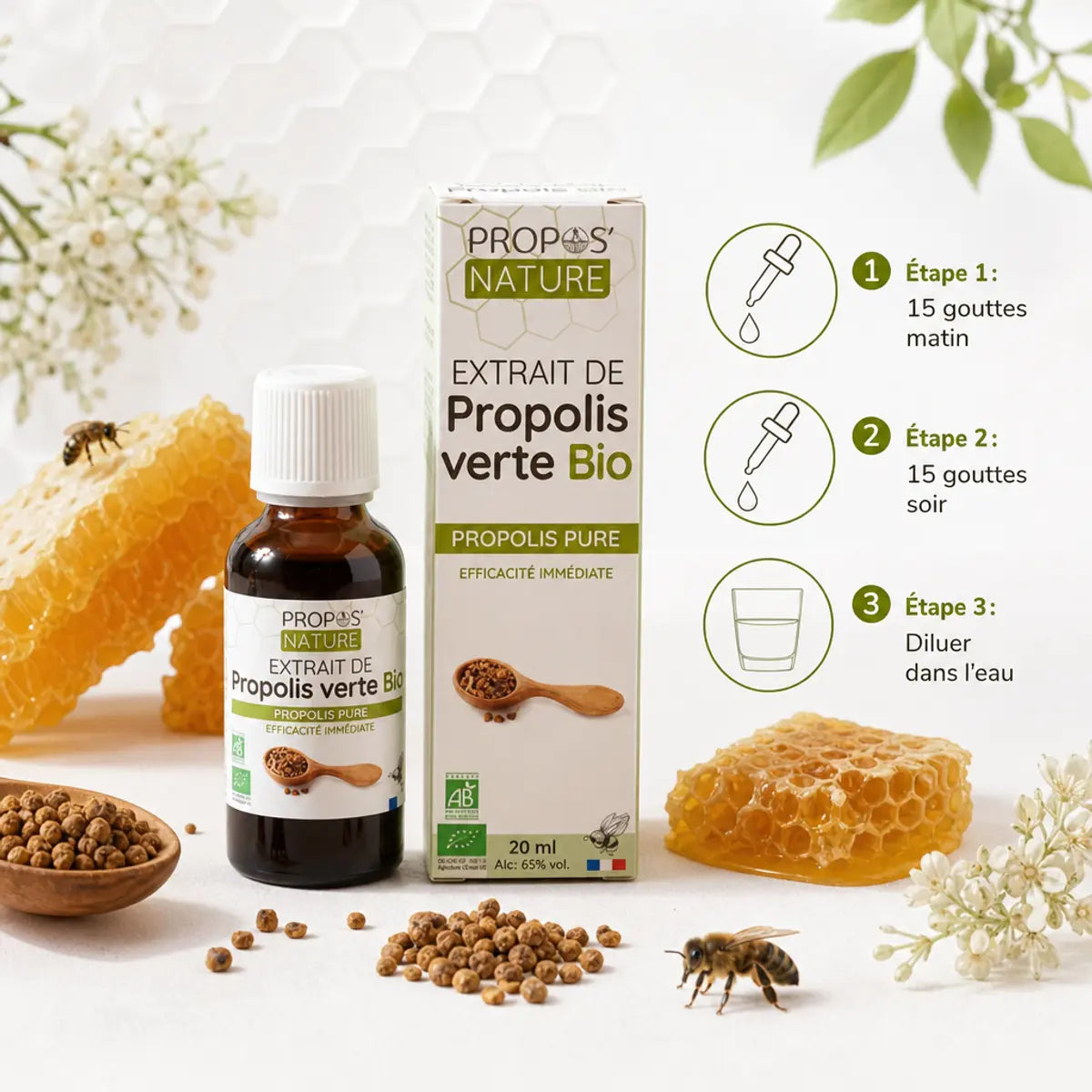 Propolis verte BIO Propos'Nature flacon hydroalcoolique avec instructions dosage 15 gouttes