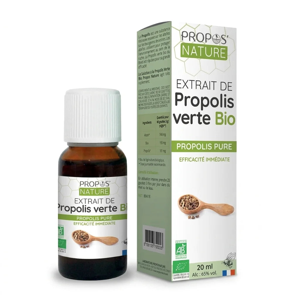 Extrait de Propolis verte BIO Hydroalcoolique Propos'Nature bouteille et emballage