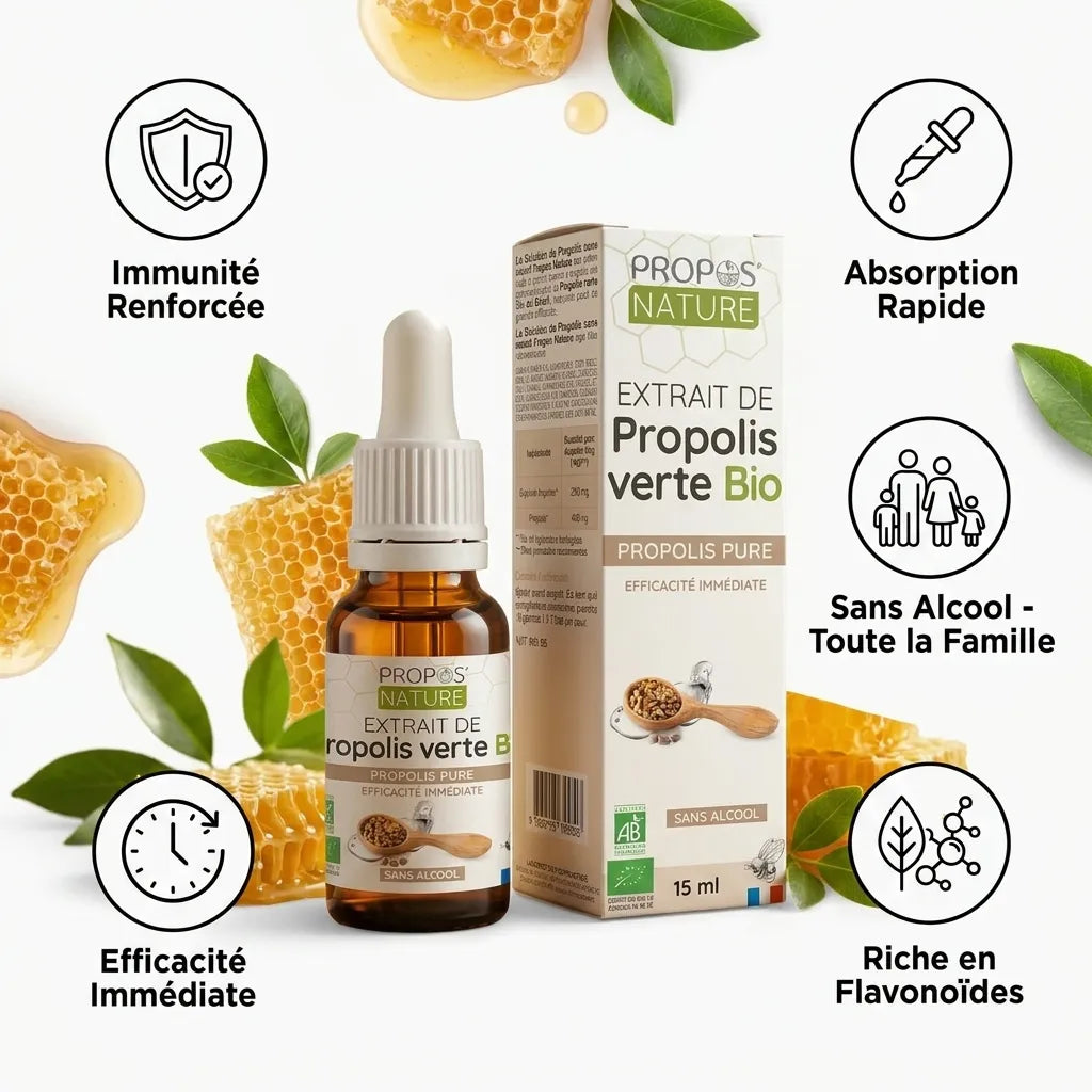 Extrait de Propolis verte Bio Propos'Nature avec 5 bénéfices : immunité, absorption rapide, sans alcool