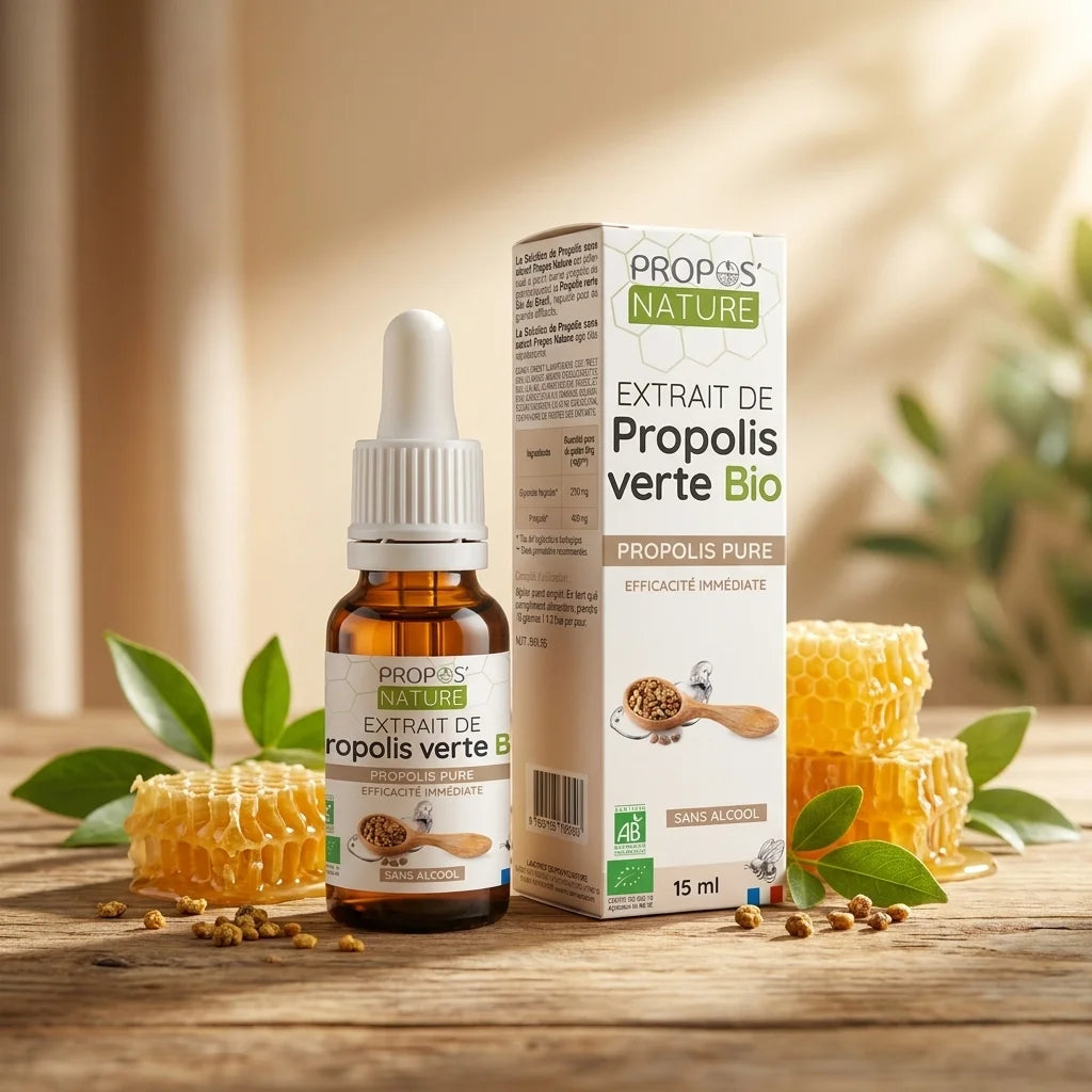 Flacon d'extrait de propolis verte Bio Propos'Nature sur surface bois avec miel et feuilles vertes