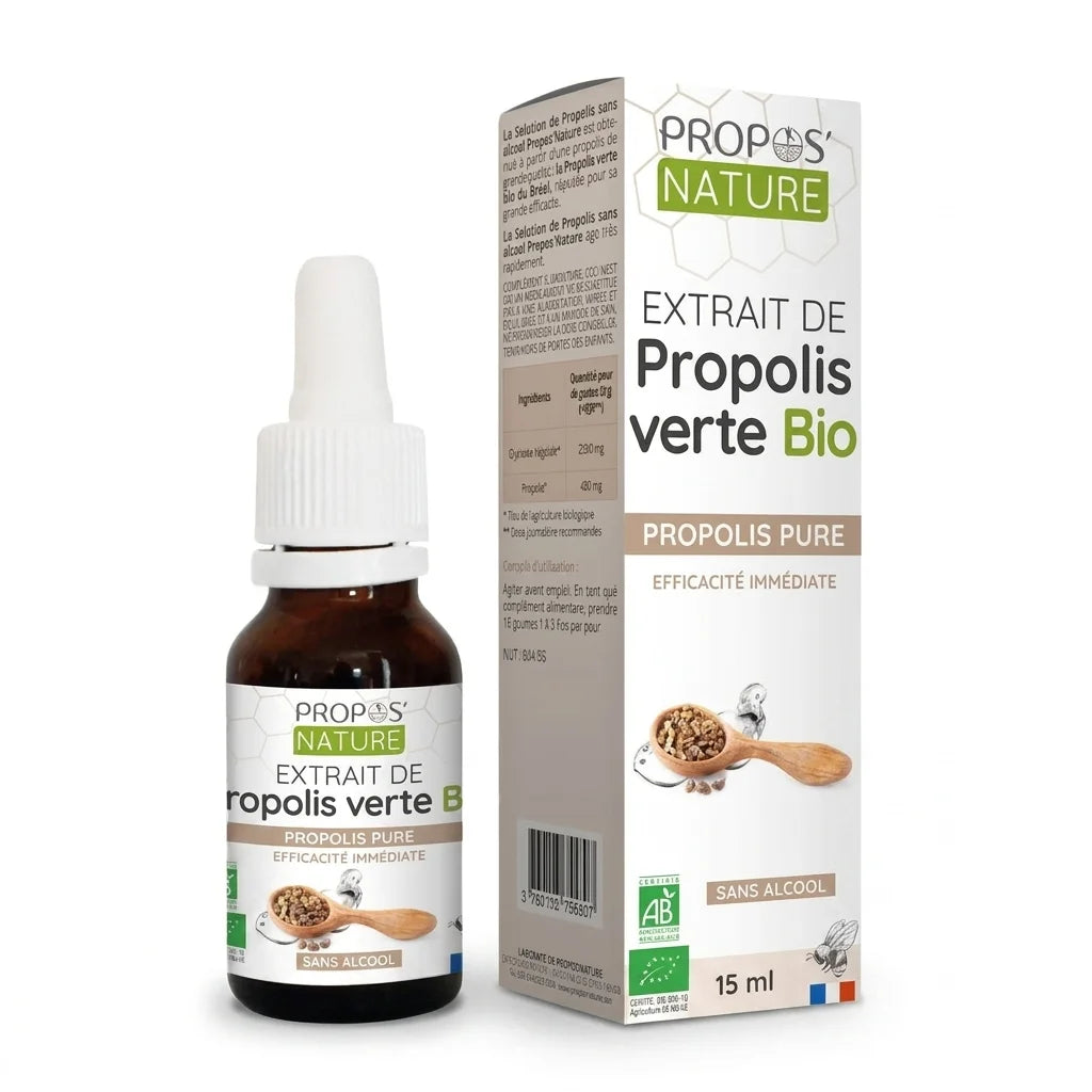 Extrait de Propolis verte Bio sans alcool Propos'Nature - flacon et emballage