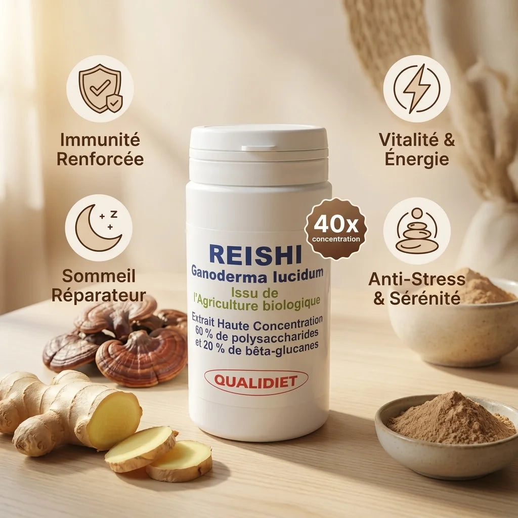Gélules Reishi Bio Qualidiet avec concentré 40x, bénéfices immunité et sommeil réparateur