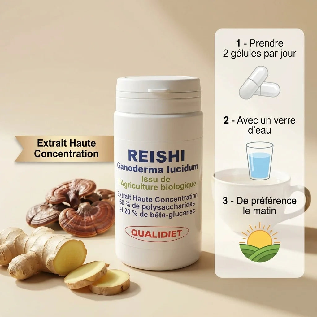 Extrait Reishi Bio Qualidiet en gélules avec guide posologie et ingrédients naturels