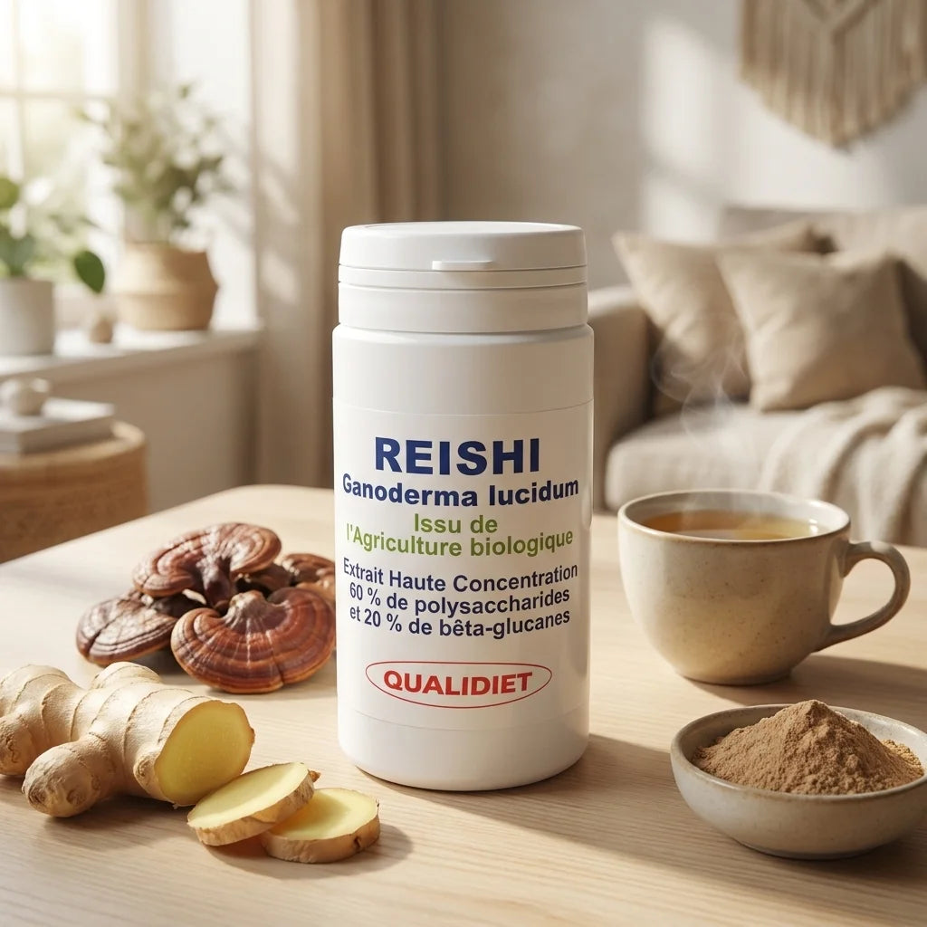 Extrait de Reishi Bio en gélules Qualidiet avec champignons reishi et tisane herbal