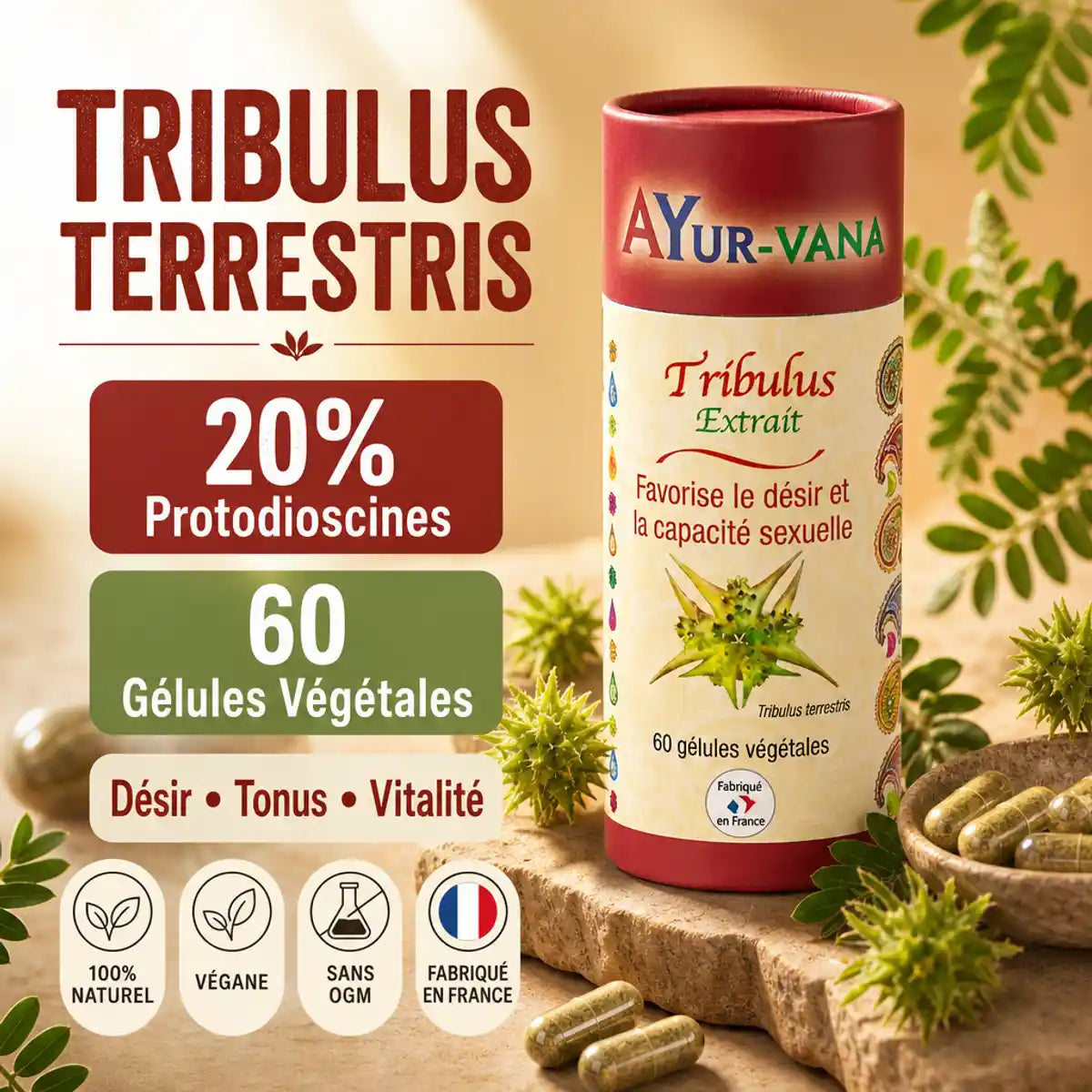 Tribulus Terrestris AyurVana 60 gélules végétales avec plante et capsules, 20% Protodioscines