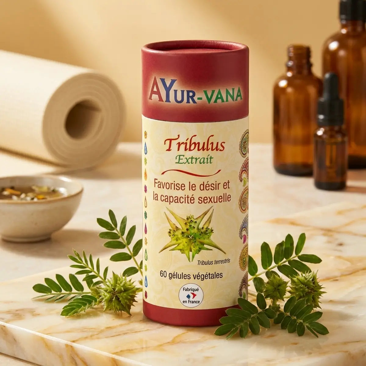 Gélules Tribulus Terrestris vegan AyurVana sur marbre avec plante et accessoires bien-être