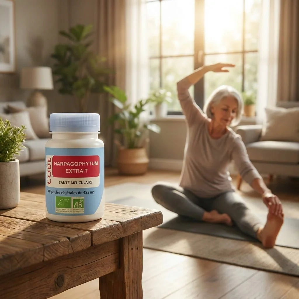 Femme senior pratiquant des étirements avec flacon Harpagophytum bio en gélules sur table
