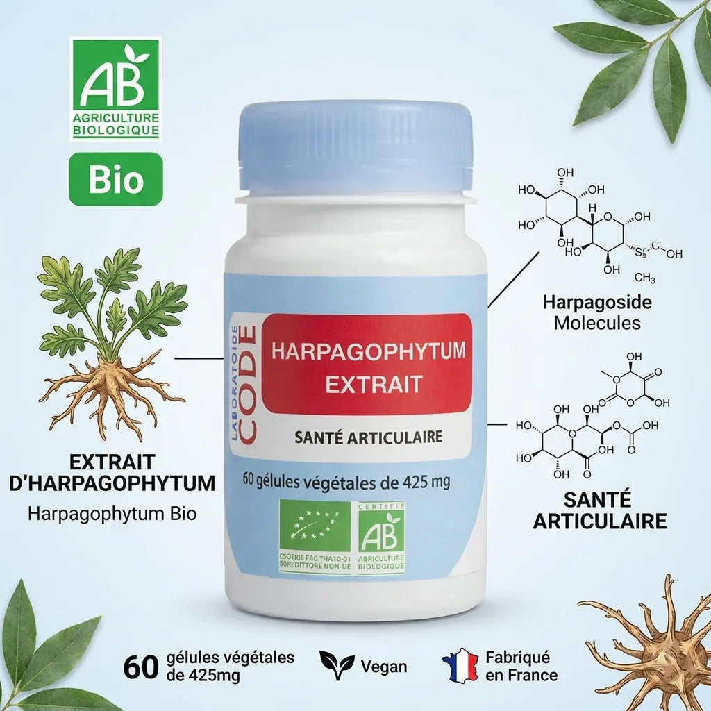 Extrait d'Harpagophytum Bio vegan en gélules, flacon produit avec certification AB et infographie ingrédients