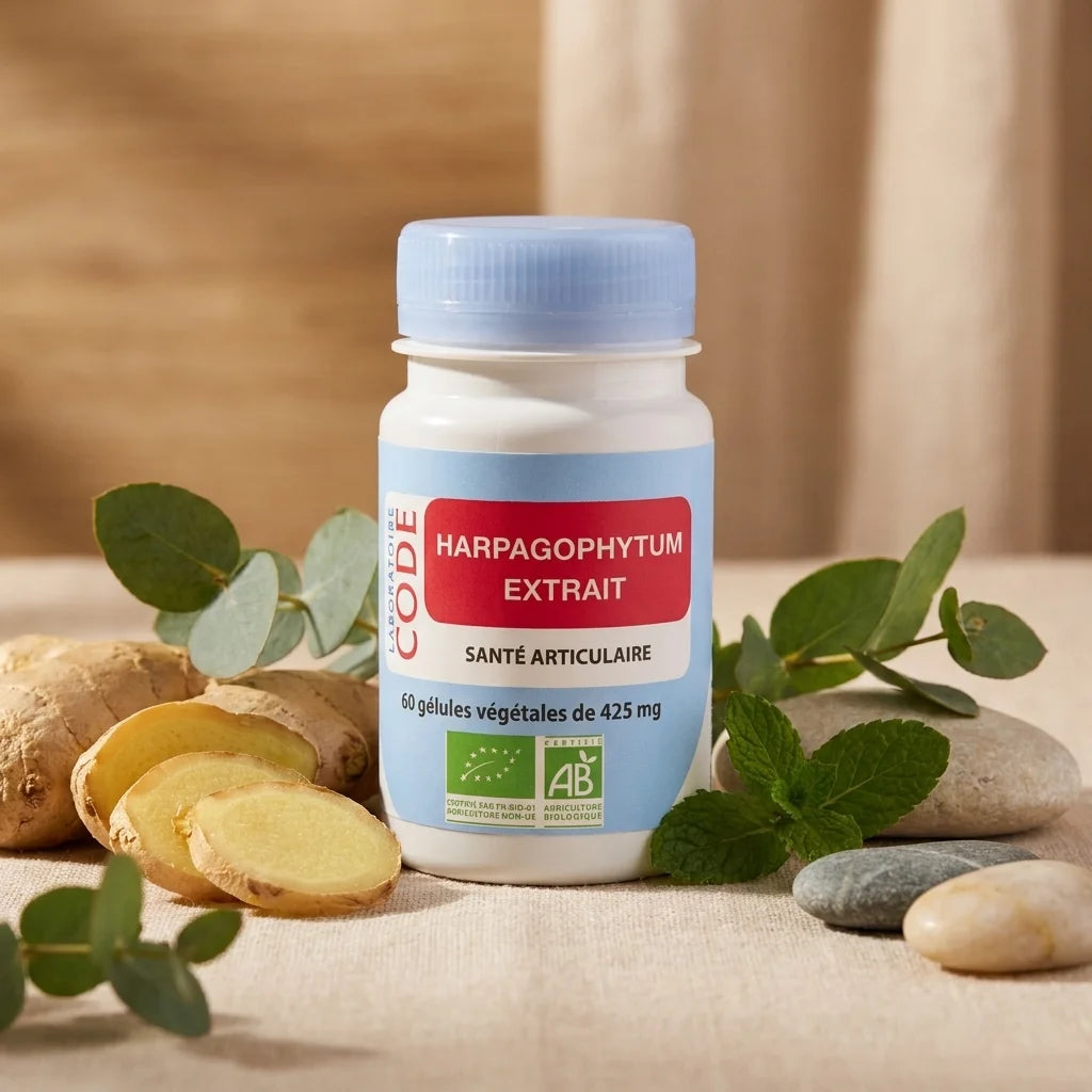 Harpagophytum bio en gélules Code Laboratoire avec gingembre frais et feuilles vertes sur fond beige