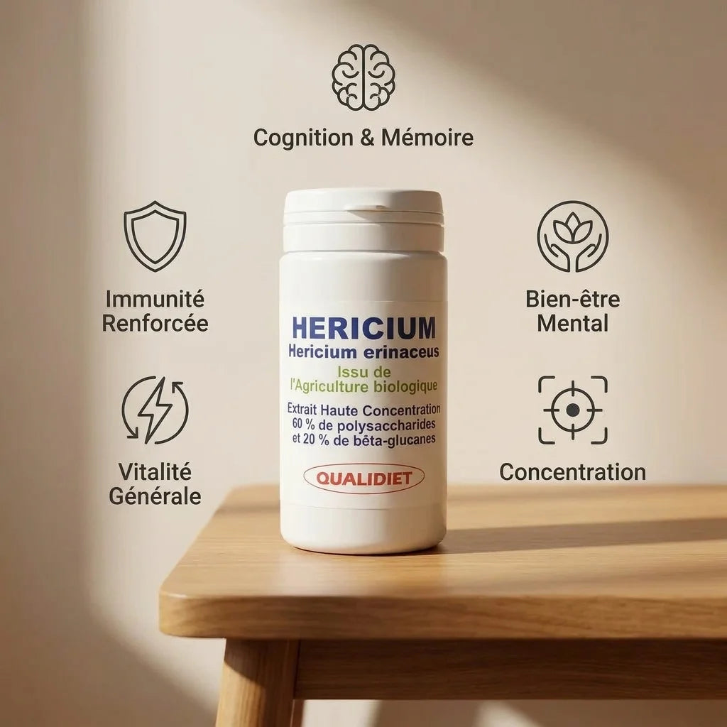 Extrait Héricium Bio gélules avec icônes bénéfices : cognition, immunité, vitalité, bien-être mental, concentration