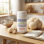 Flacon d'extrait d'Héricium bio en gélules Qualidiet avec champignons frais et accessoires wellness