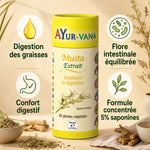 Extrait Musta Ayurvana en gélules avec infographie des bénéfices digestifs et flore intestinale