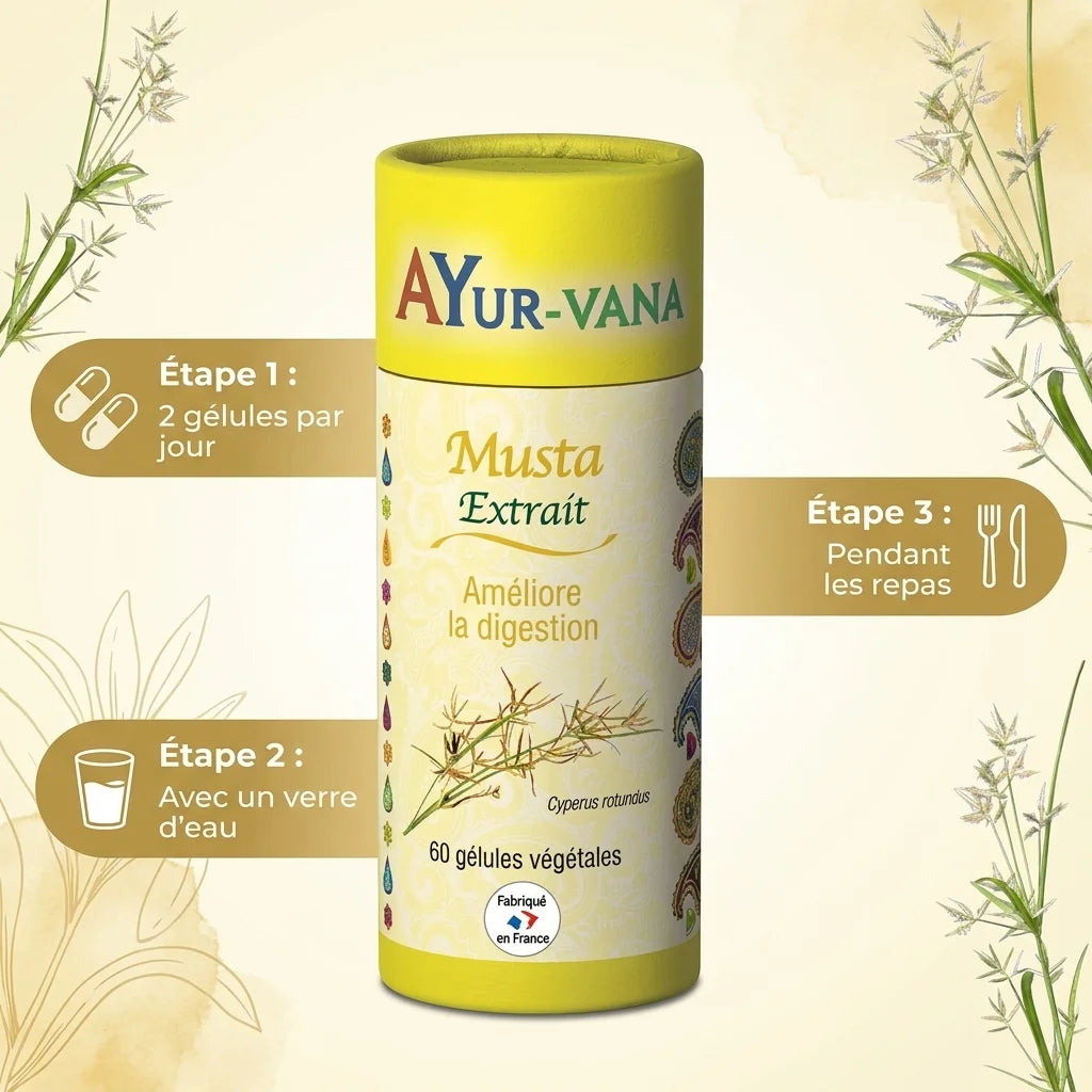 Extrait Musta vegan Ayurvana en gélules avec instructions posologie et plantes ayurvédiques