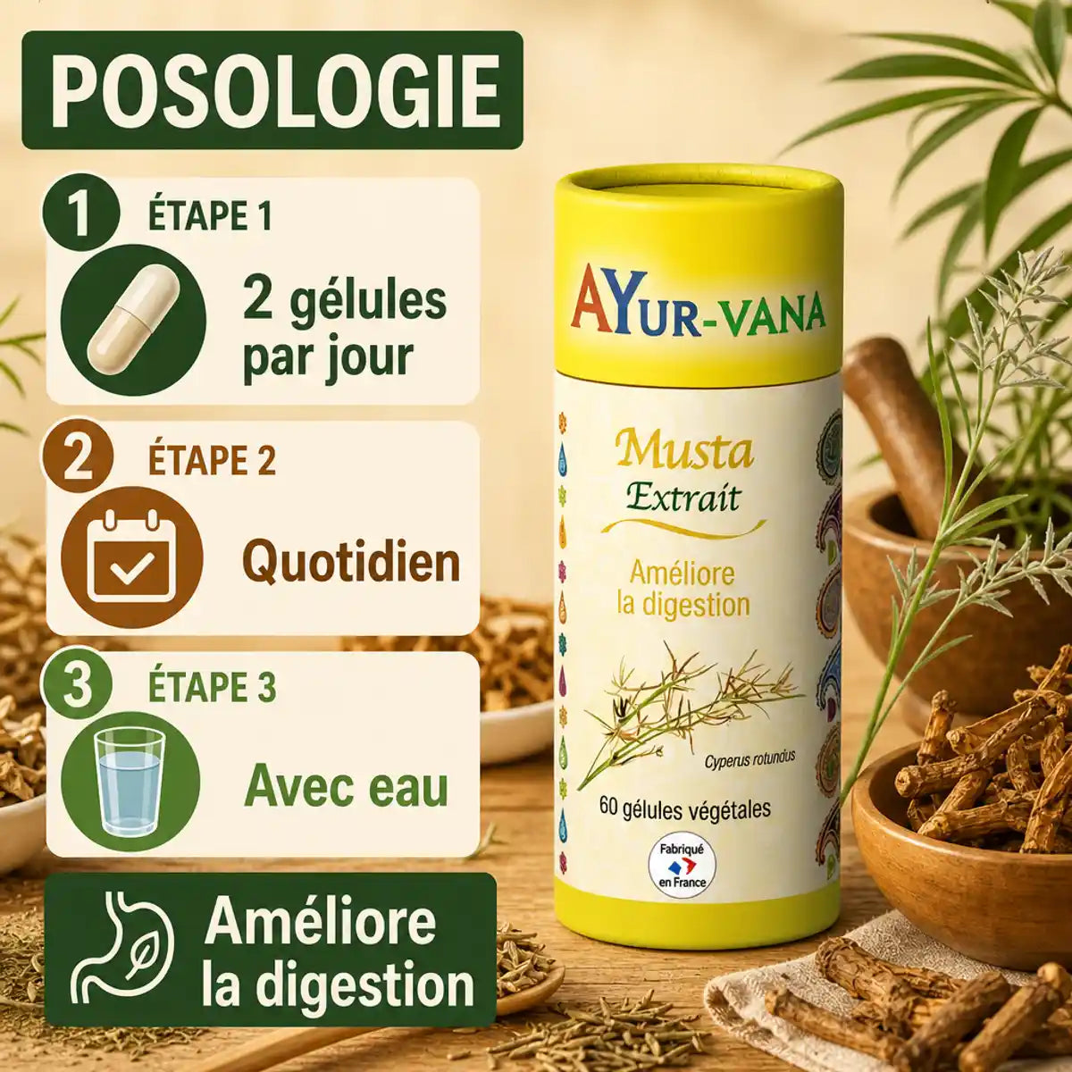 Extrait Musta Ayurvana gélules posologie 2 par jour digestion bien-être naturel