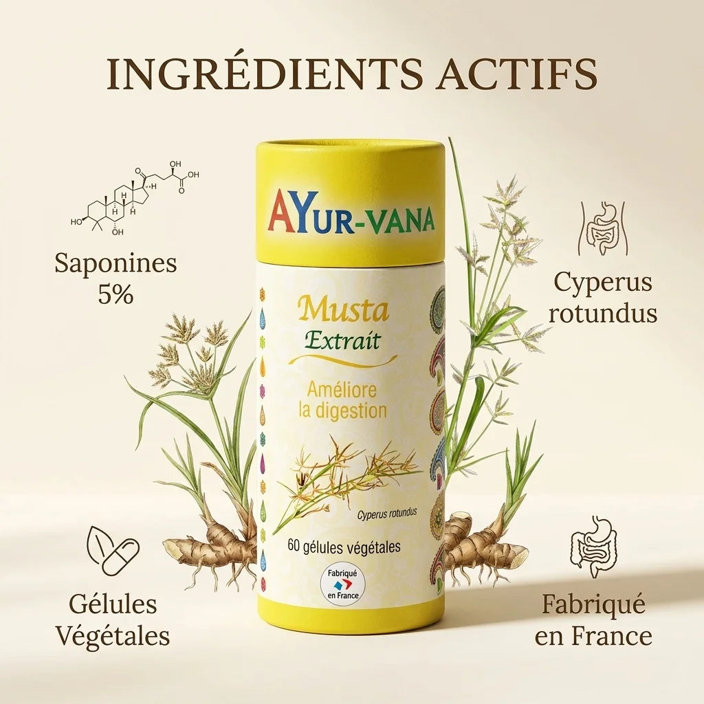 Extrait Musta Ayurvana 60 gélules végétales avec ingrédients botaniques et saponines