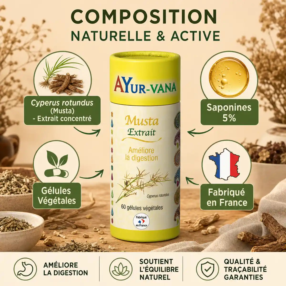 Extrait Musta Ayurvana en gélules végétales - Cyperus rotundus fabriqué en France
