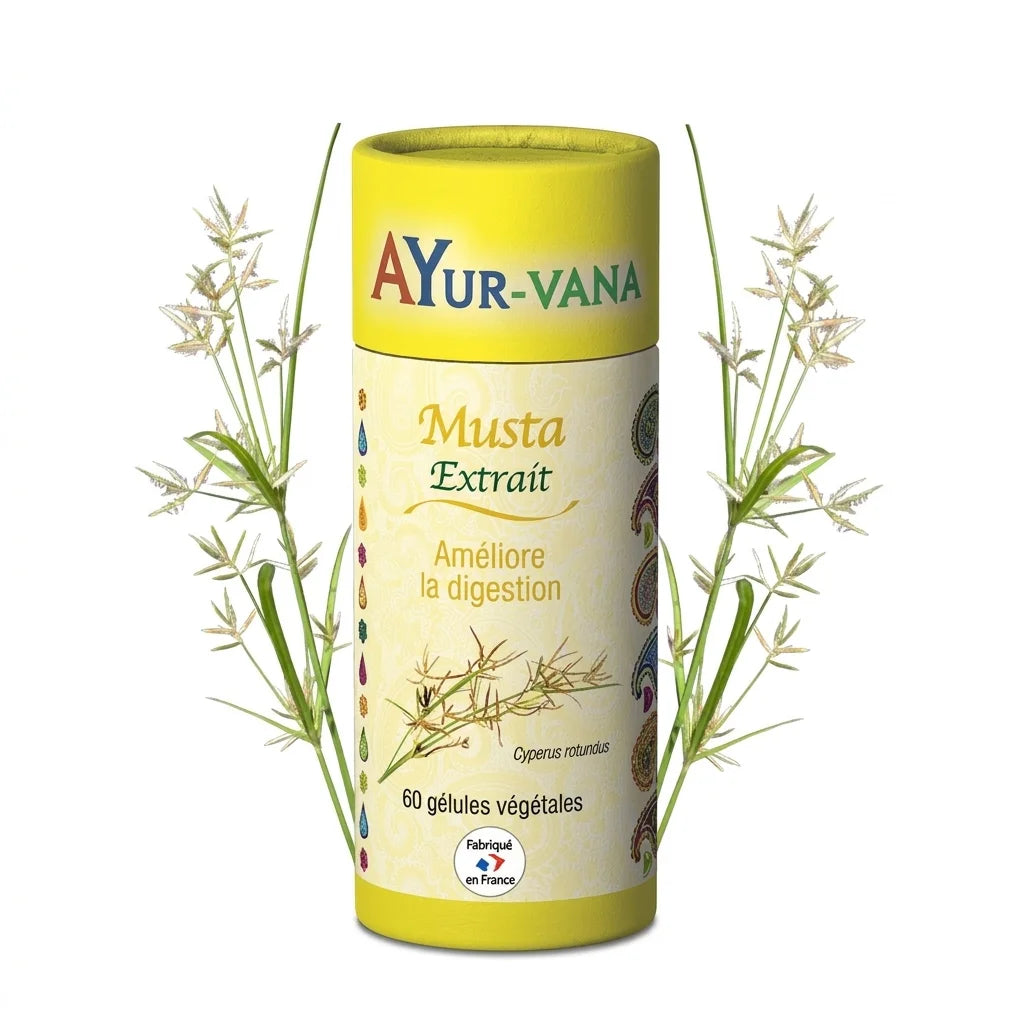 Flacon Extrait Musta Ayurvana en gélules végétales, complément alimentaire ayurvédique