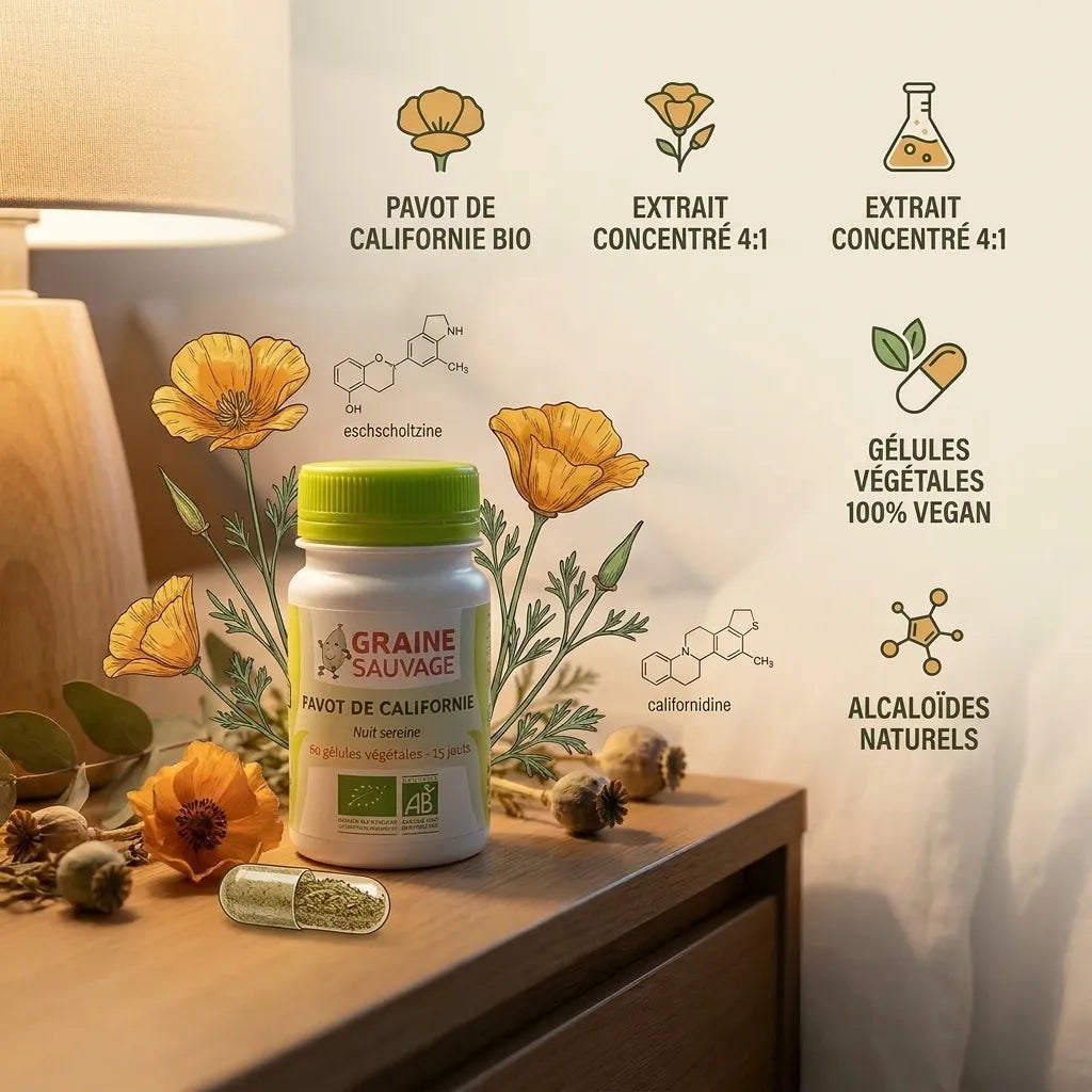 Extrait Pavot de Californie Bio vegan en gélules, bouteille Graine Sauvage avec fleurs et molécules