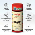 Extrait Shilajit vegan AYurvana en gélules avec infographie des bénéfits énergétiques et minéraux