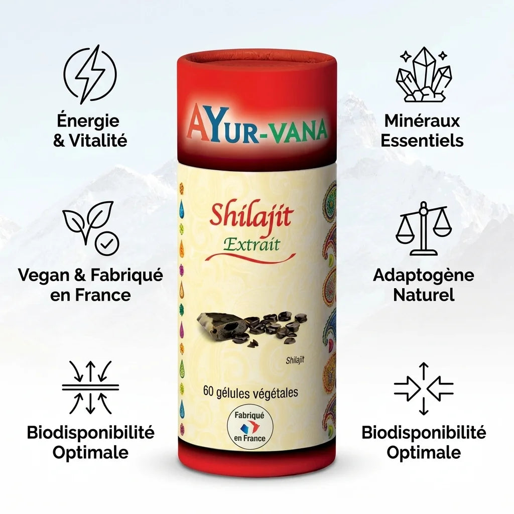 Extrait Shilajit vegan AYurvana en gélules avec infographie des bénéfits énergétiques et minéraux