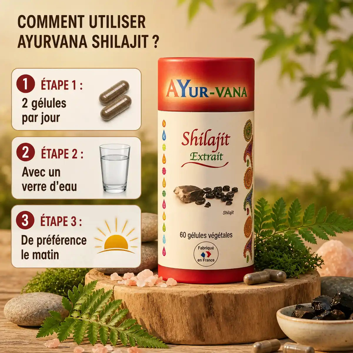 Extrait Shilajit vegan AYurvana en gélules avec instructions posologie et dosage