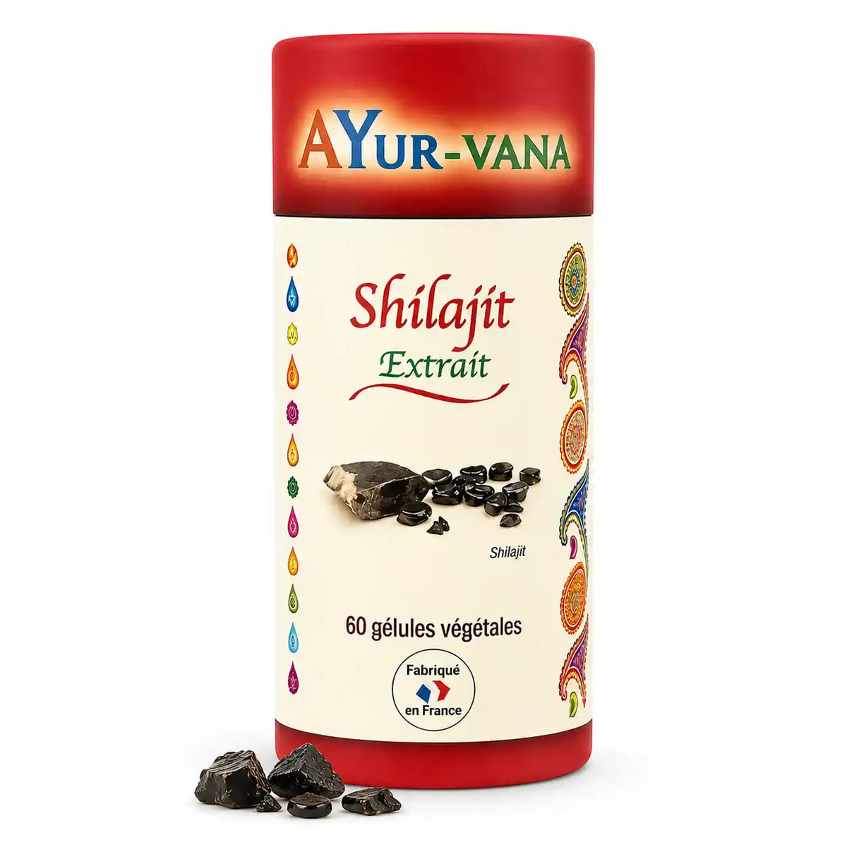 Extrait Shilajit vegan en gélules AYurvana flacon avec bouchon rouge sur fond blanc
