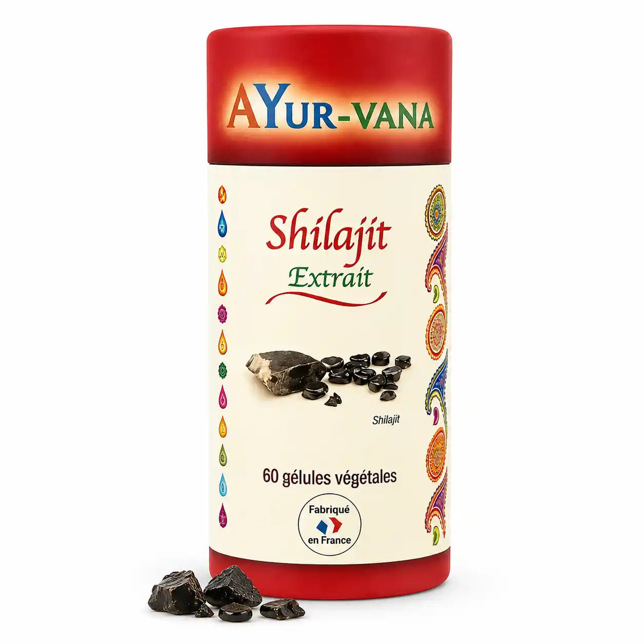 Extrait Shilajit vegan en gélules AYurvana flacon avec bouchon rouge sur fond blanc