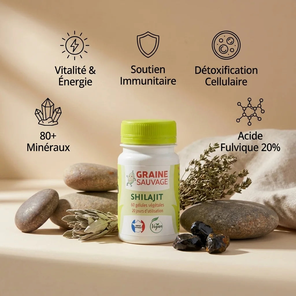Graine Sauvage Shilajit vegan en gélules avec bénéfices santé : énergie, immunité et minéraux