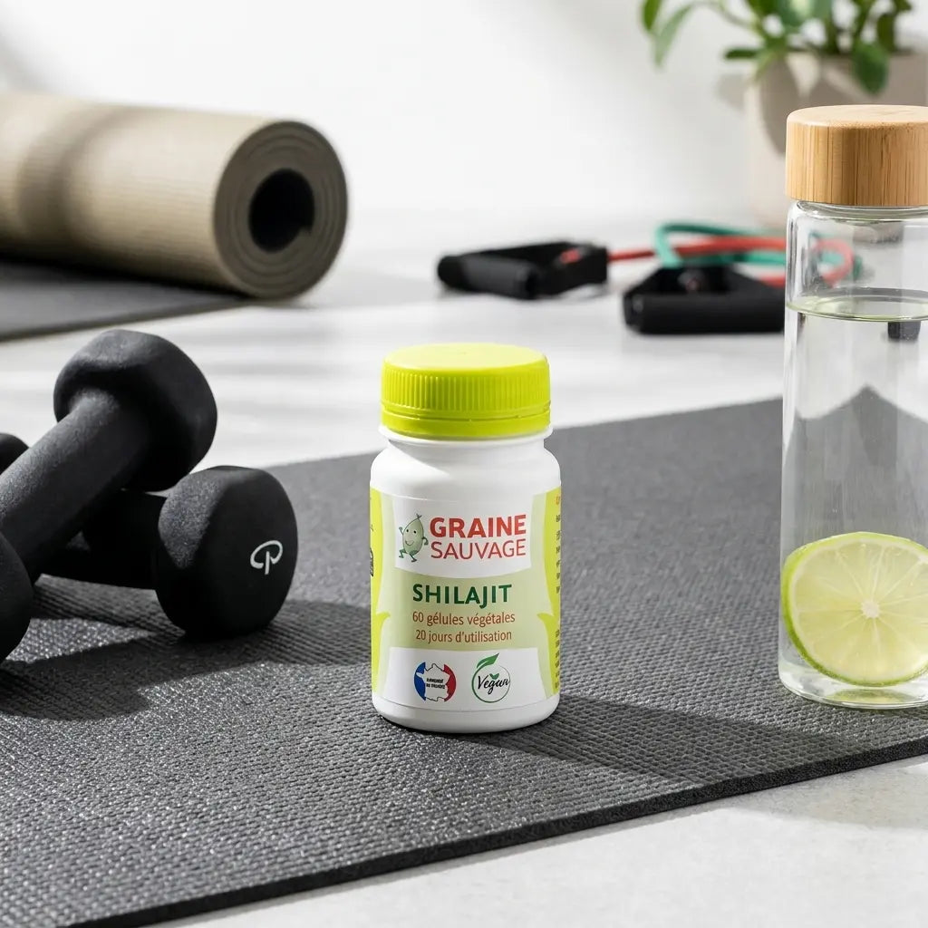 Graine Sauvage Shilajit vegan en gélules sur tapis de fitness avec haltères et bouteille d'eau