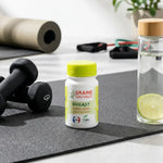 Graine Sauvage Shilajit vegan en gélules sur tapis de fitness avec haltères et bouteille d'eau