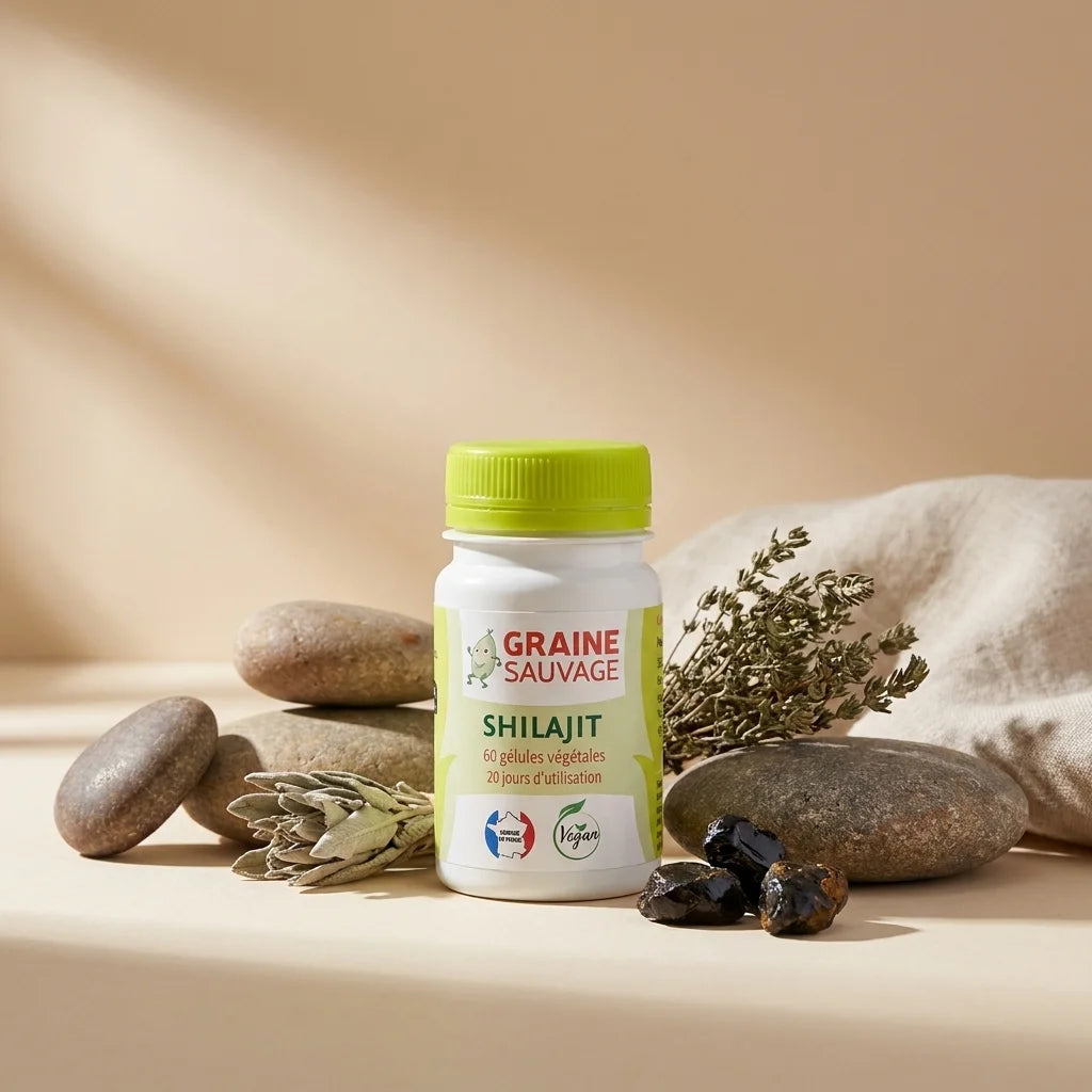 Gélules Shilajit vegan Graine Sauvage avec flacon vert lime entouré d'éléments naturels