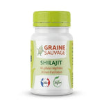 Bouteille de gélules Shilajit vegan Graine Sauvage avec bouchon vert anis sur fond blanc