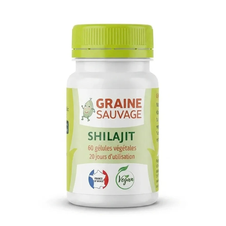 Bouteille de gélules Shilajit vegan Graine Sauvage avec bouchon vert anis sur fond blanc
