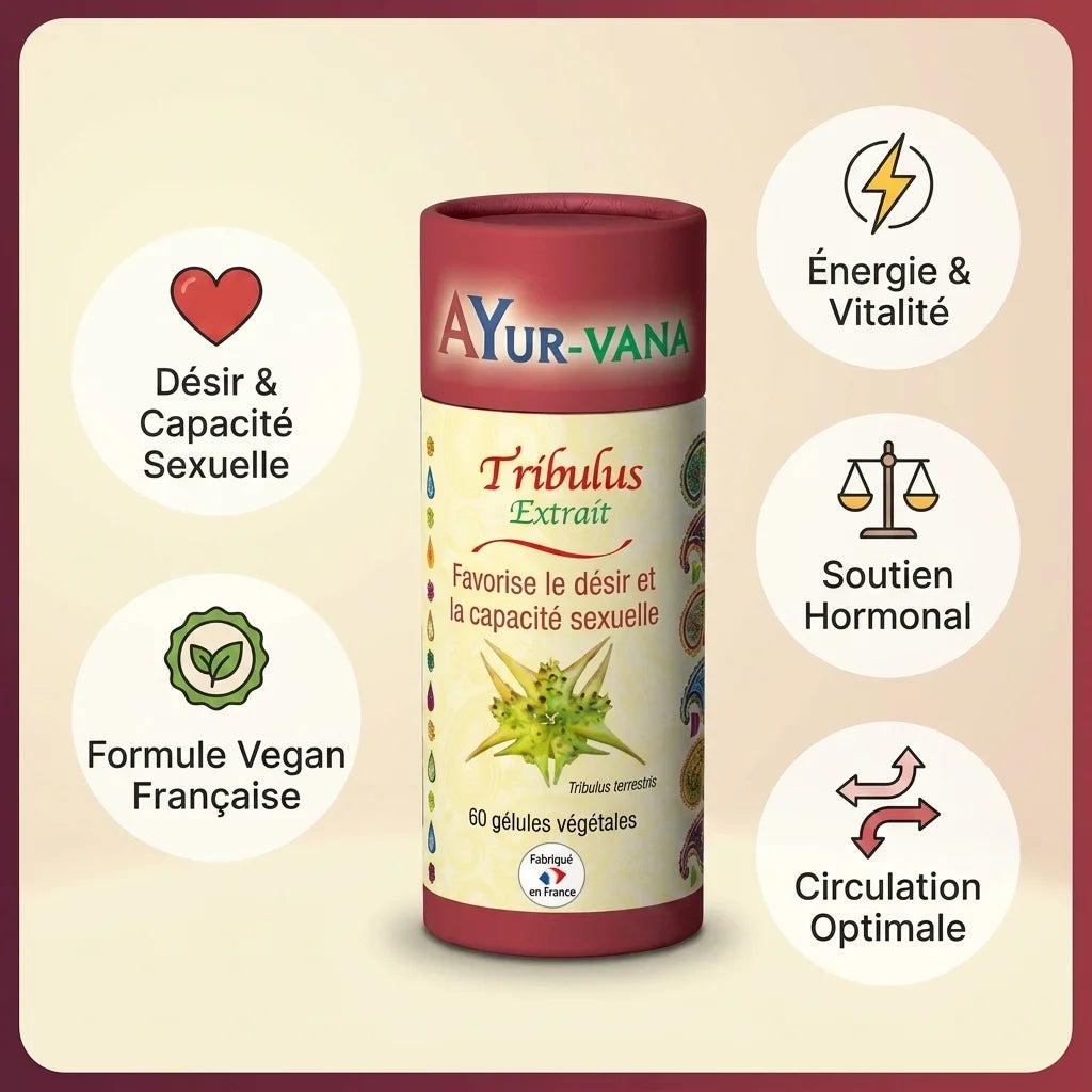 Tribulus extrait vegan Ayurvana en gélules avec bénéfices : énergie, désir sexuel, soutien hormonal