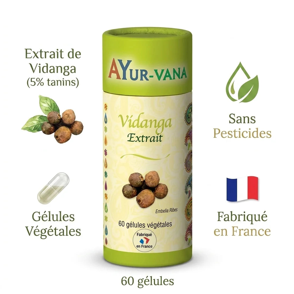 Extrait Vidanga vegan en gélules Ayurvana, 60 capsules végétales sans pesticides fabriquées en France