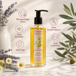 Fantômette huile démaquillante bio avec fleurs de lavande, chamomille et olive sur marbre blanc