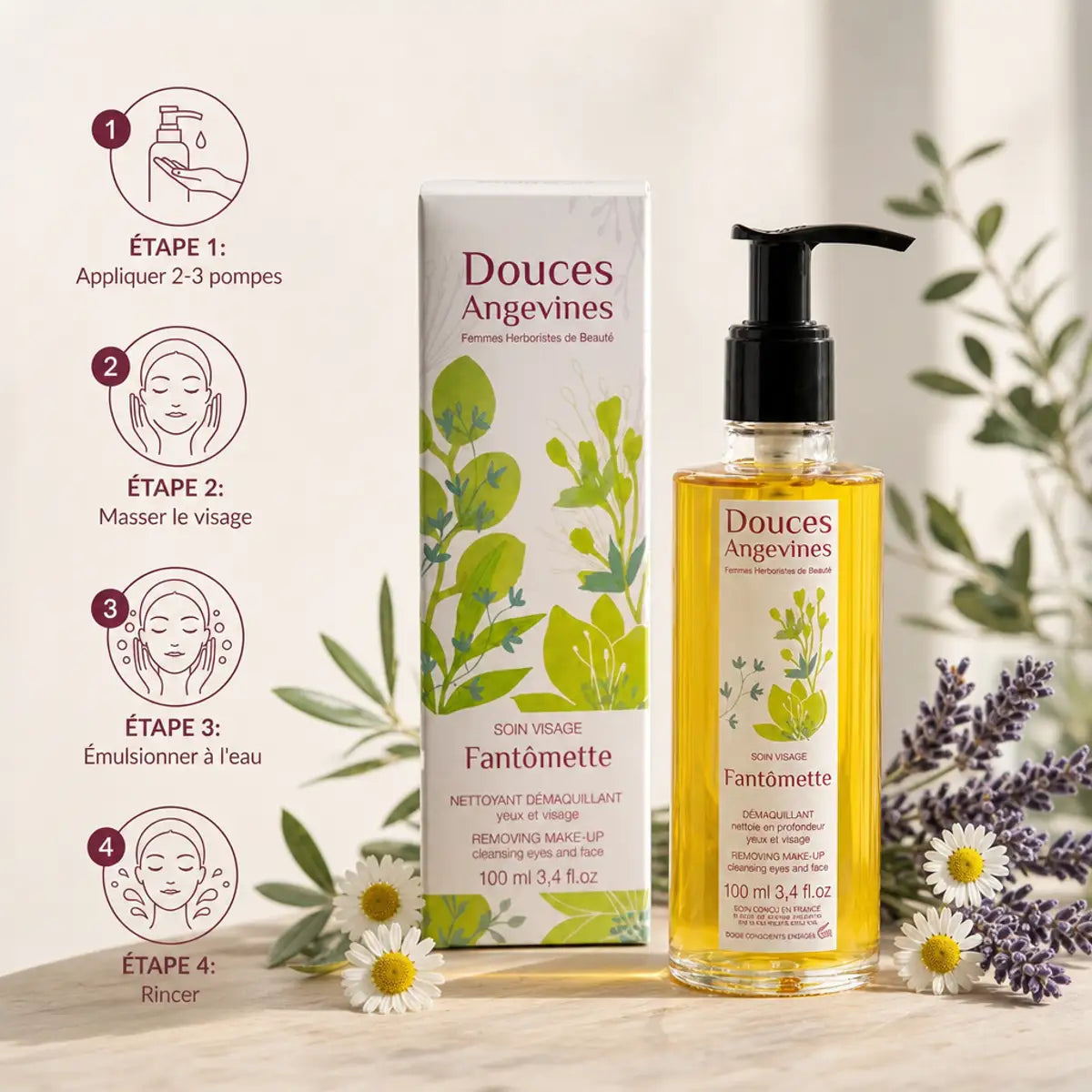 Fantômette huile démaquillante bio - Guide d'utilisation en 4 étapes avec le flacon et ingrédients naturels