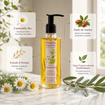 Fantômette huile démaquillante bio avec ingrédients naturels : camomille, jojoba et avoine