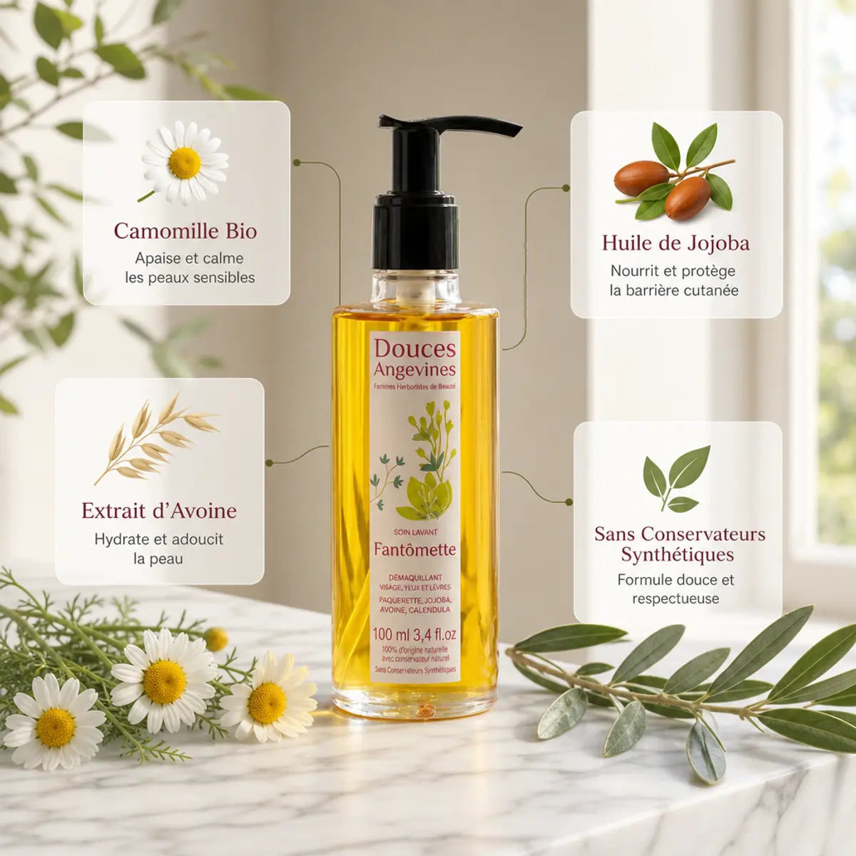 Fantômette huile démaquillante bio avec ingrédients naturels : camomille, jojoba et avoine