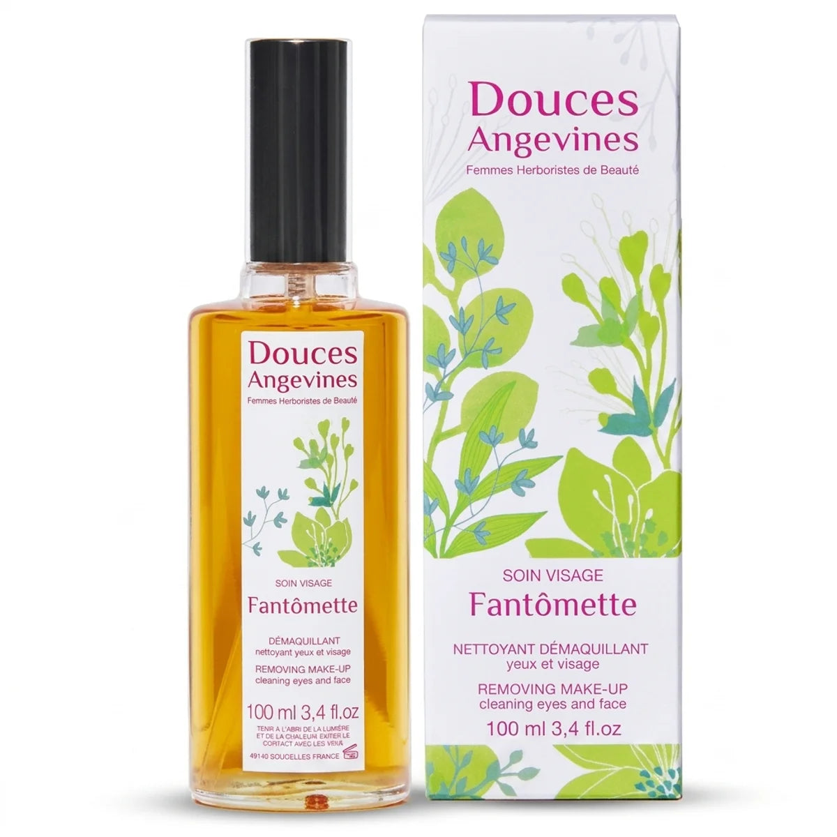 Bouteille Fantômette huile démaquillante bio nettoyante Douces Angevines sur fond blanc