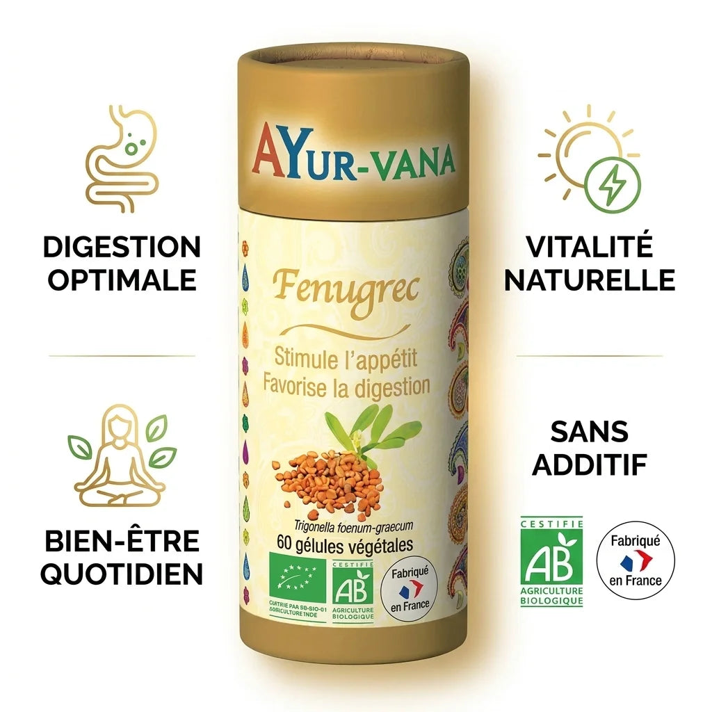 Fenugrec bio Ayurvana en gélules avec ses 4 bénéfices : digestion, vitalité, bien-être et sans additif