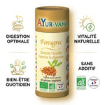 Fenugrec bio Ayurvana en gélules avec ses 4 bénéfices : digestion, vitalité, bien-être et sans additif