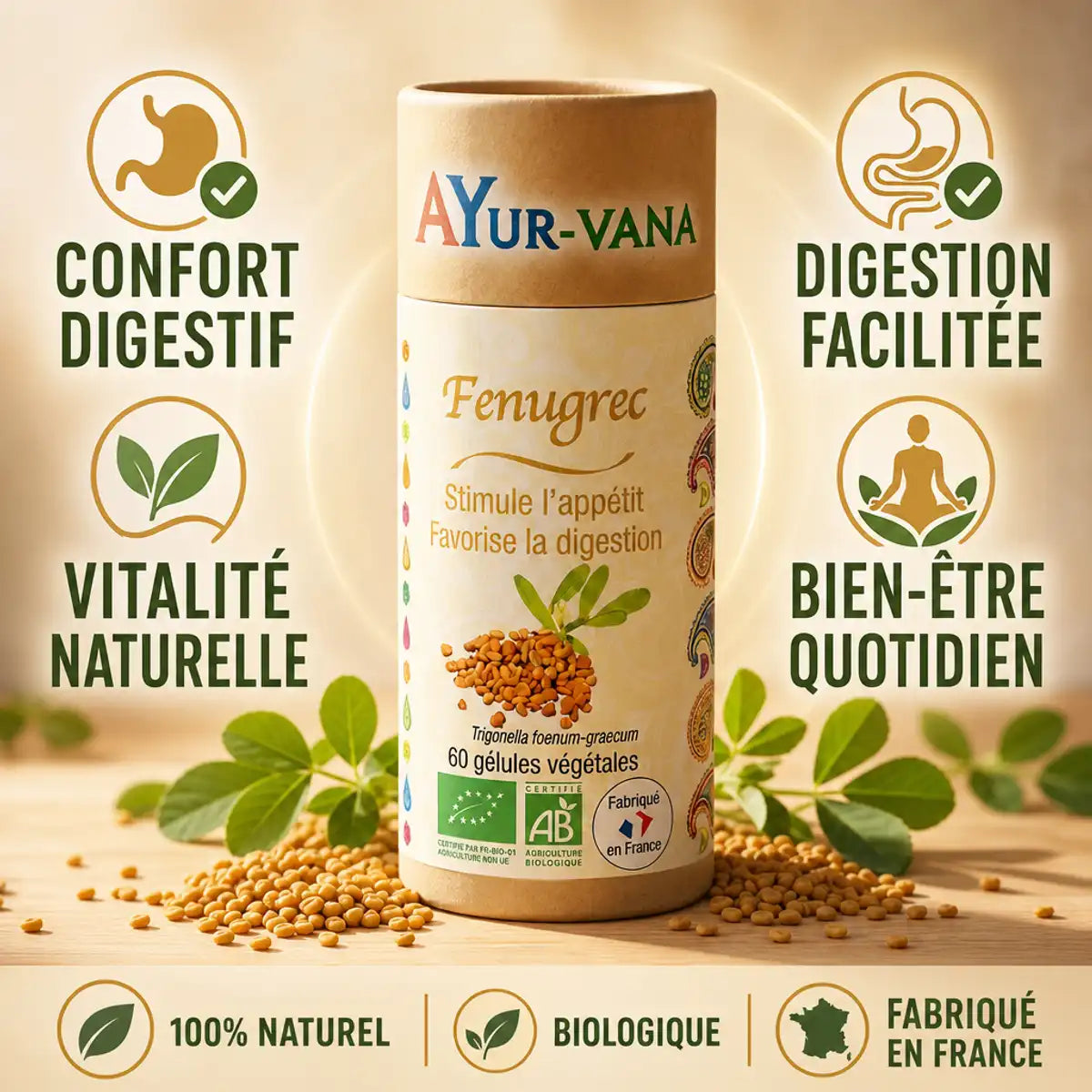 Fenugrec bio Ayurvana gélules - confort digestif et vitalité naturelle