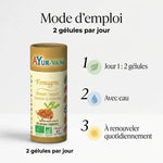 Fenugrec bio Ayurvana en gélules avec posologie 2 gélules par jour et icônes wellness
