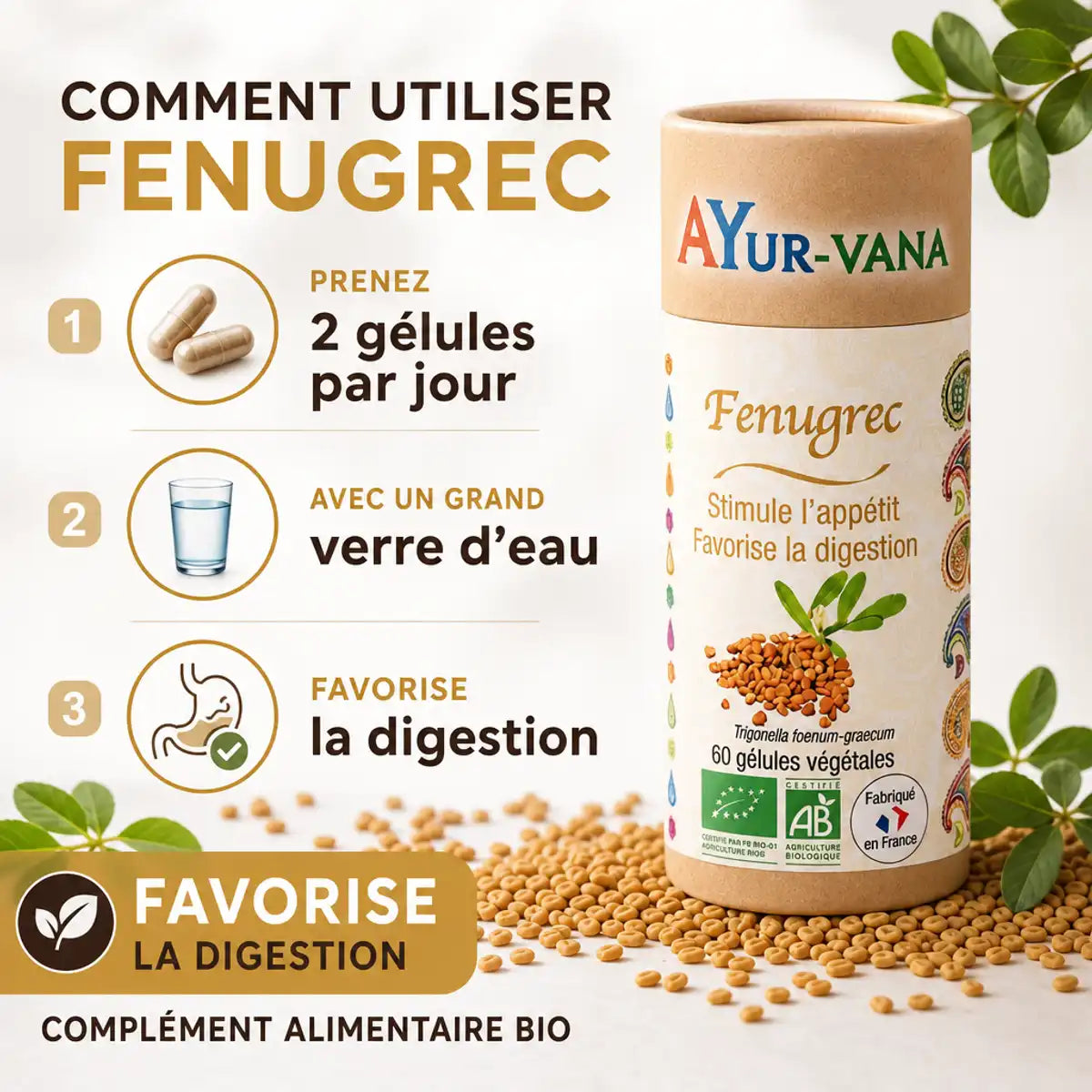 Fenugrec bio Ayurvana en gélules avec guide dosage 2 gélules par jour et digestion