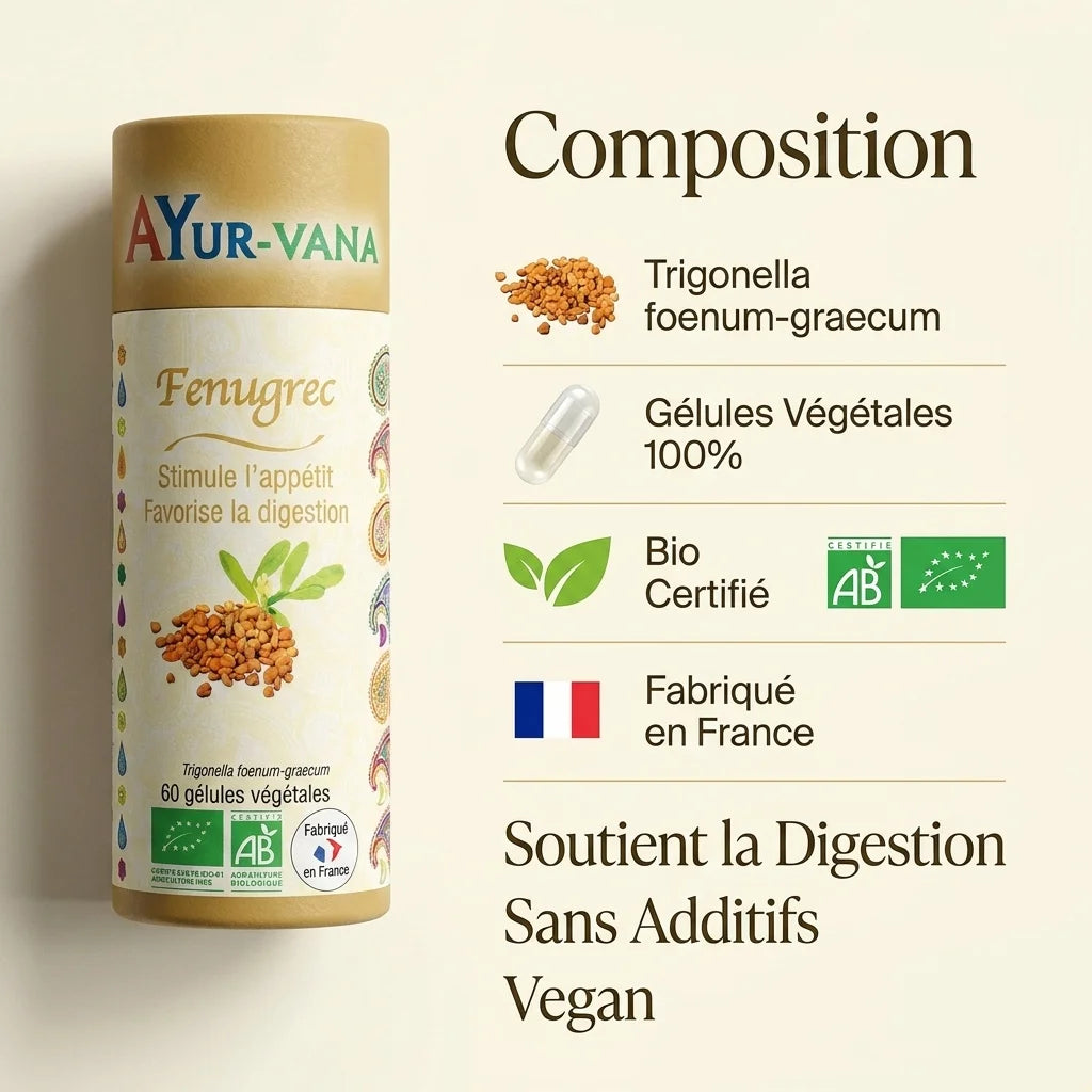 Fenugrec bio Ayurvana en gélules végétales certifiées, fabriqué en France sans additifs